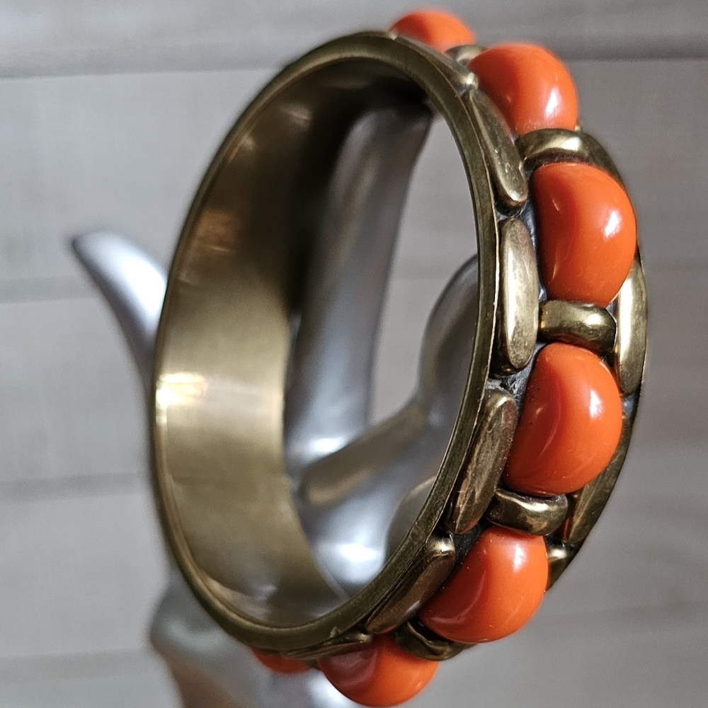 Vintage Brass With Lucite Faux Coral Cabochon Bangle Bracelet. Brass Bracelet.